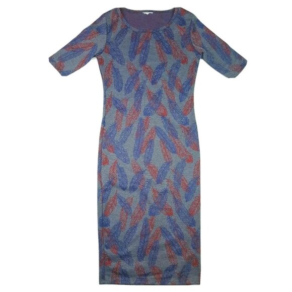 Lularoe Julia Dress Womens Size XXS Gray Grey Blue Red Feathers Pattern Pullover - Picture 1 of 9